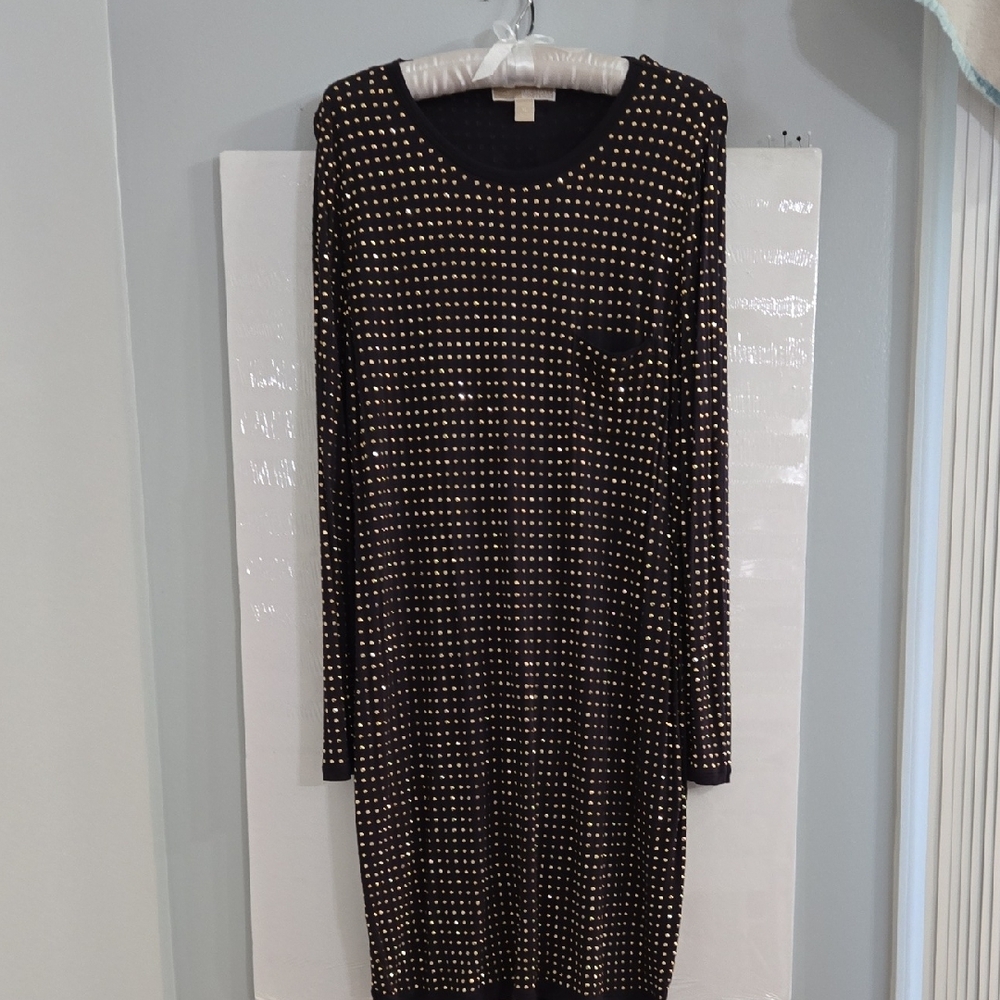 MICHAEL Michael Kors Navy Blue and Silver Sheath Dress Long Sleeve Crew Neck